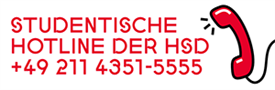 Weiße Grafik mit folgendem Text: Studentische Hotline der HSD +4921143515555. Rechts ein rotes Telefonhörer mit Schnur.